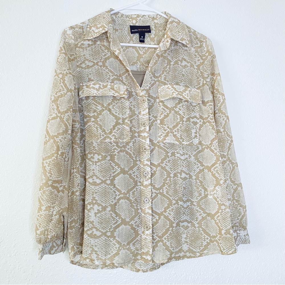 🍓 Dana Buchman Snake Print Metallic Pinstriped Boho Sheer Buttoned Front Top XS